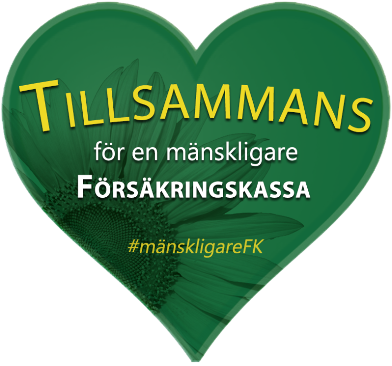 Syntolkning: Ett grönt hjärta med texten "Tillsammans för en mänskligare Försäkringskassa" #mänskligareFK